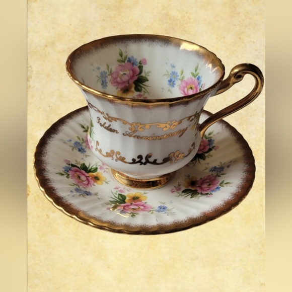 VINTAGE ROYAL VICTORIA FLORAL TEACUP & SAUCER GOLDEN ANNIVERSARY FINE BONE CHINA - Picture 1 of 9